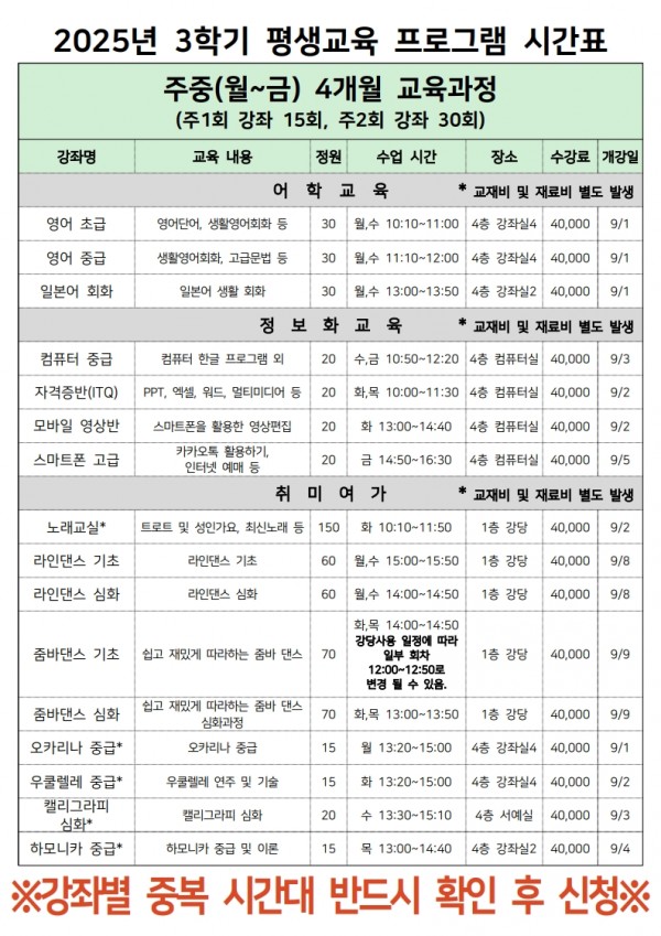 2025년 3학기 평생교육 프로그램 수강생 모집 (온라인 접수 링크 포함)