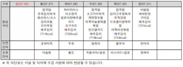2026년 7월 식단표
